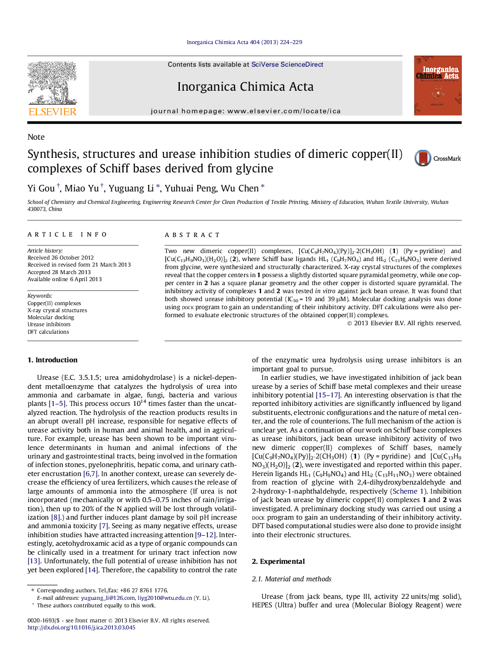 Synthesis, structures and urease inhibition studies of dimeric copper(II) complexes of Schiff bases derived from glycine