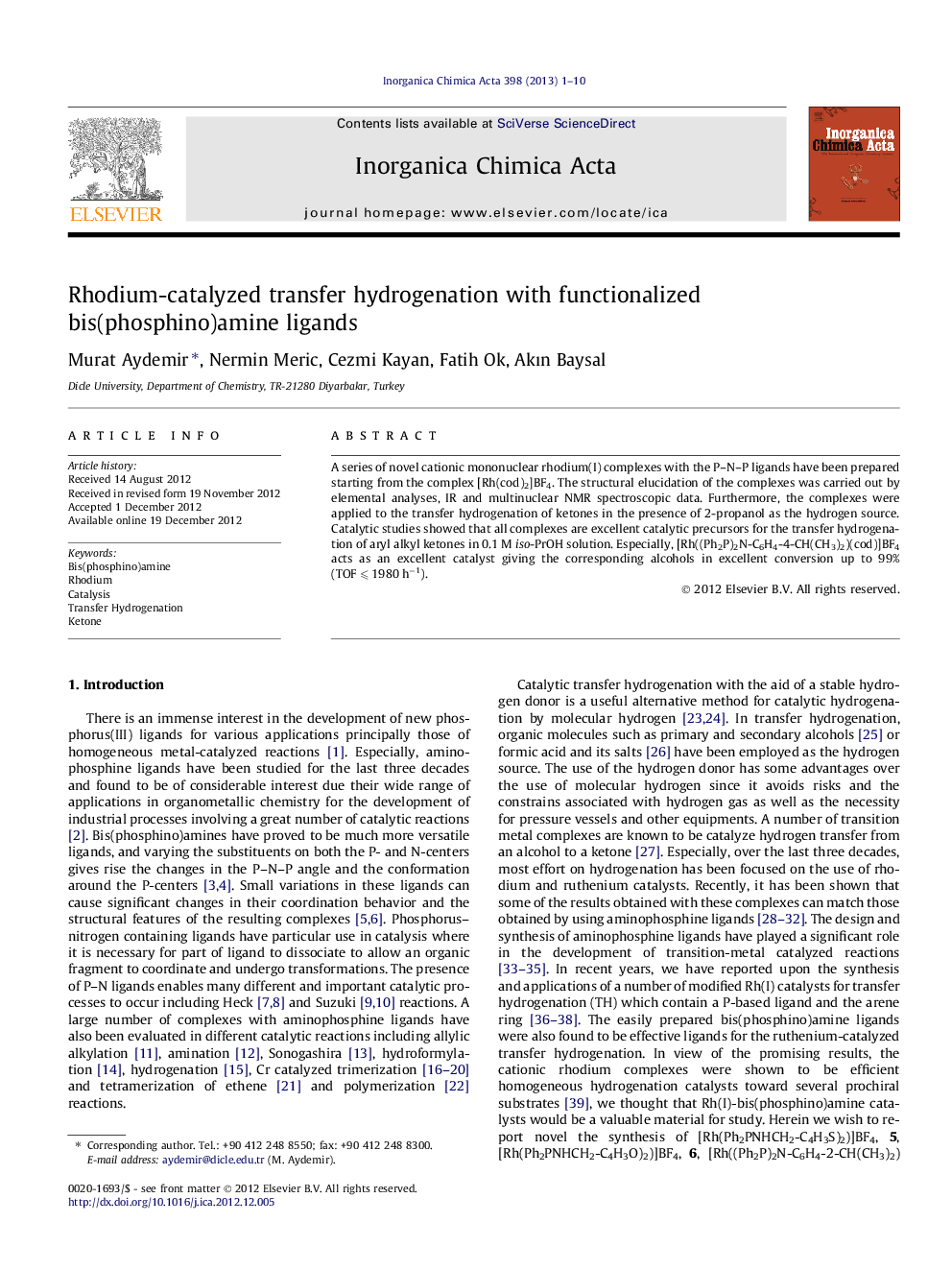 Rhodium-catalyzed transfer hydrogenation with functionalized bis(phosphino)amine ligands