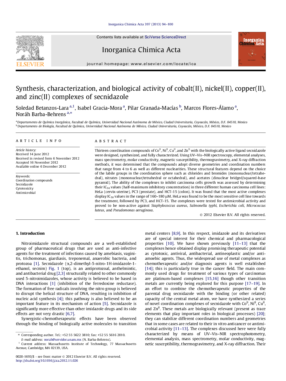 Synthesis, characterization, and biological activity of cobalt(II), nickel(II), copper(II), and zinc(II) complexes of secnidazole