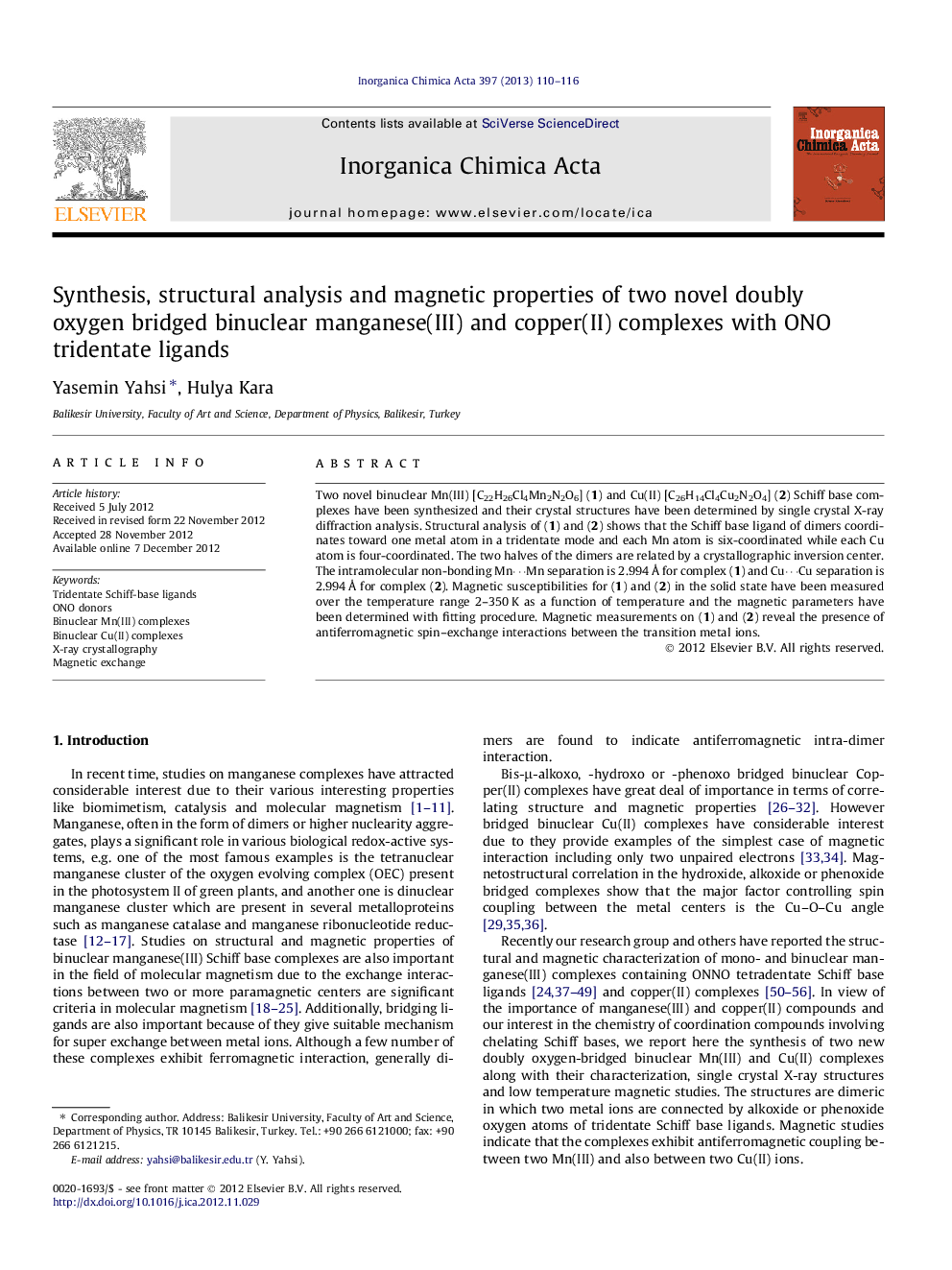 Synthesis, structural analysis and magnetic properties of two novel doubly oxygen bridged binuclear manganese(III) and copper(II) complexes with ONO tridentate ligands