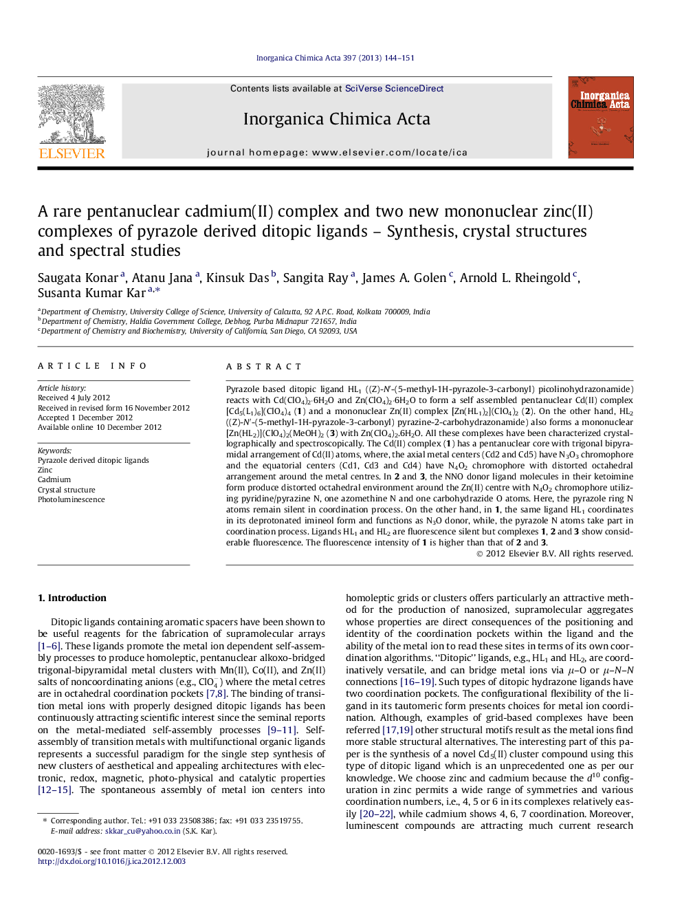 A rare pentanuclear cadmium(II) complex and two new mononuclear zinc(II) complexes of pyrazole derived ditopic ligands - Synthesis, crystal structures and spectral studies
