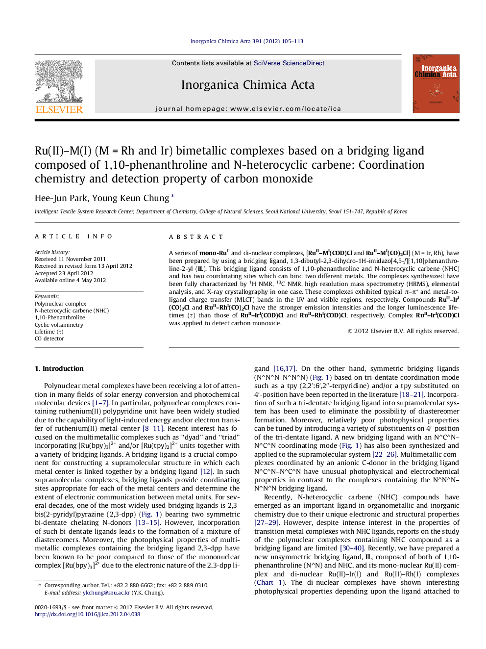 Ru(II)–M(I) (M = Rh and Ir) bimetallic complexes based on a bridging ligand composed of 1,10-phenanthroline and N-heterocyclic carbene: Coordination chemistry and detection property of carbon monoxide