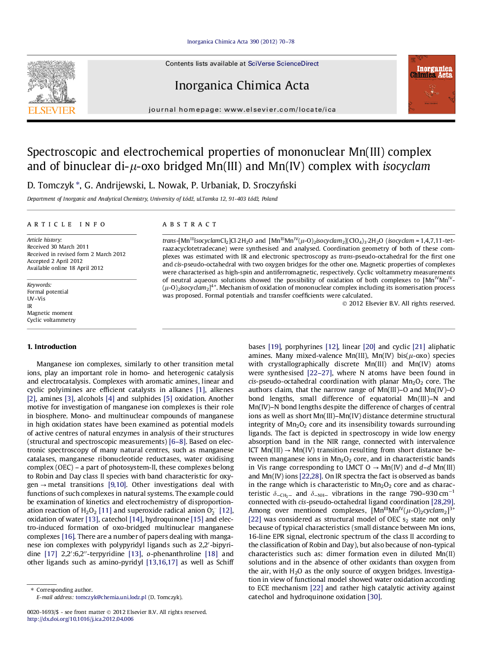 Spectroscopic and electrochemical properties of mononuclear Mn(III) complex and of binuclear di-μ-oxo bridged Mn(III) and Mn(IV) complex with isocyclam