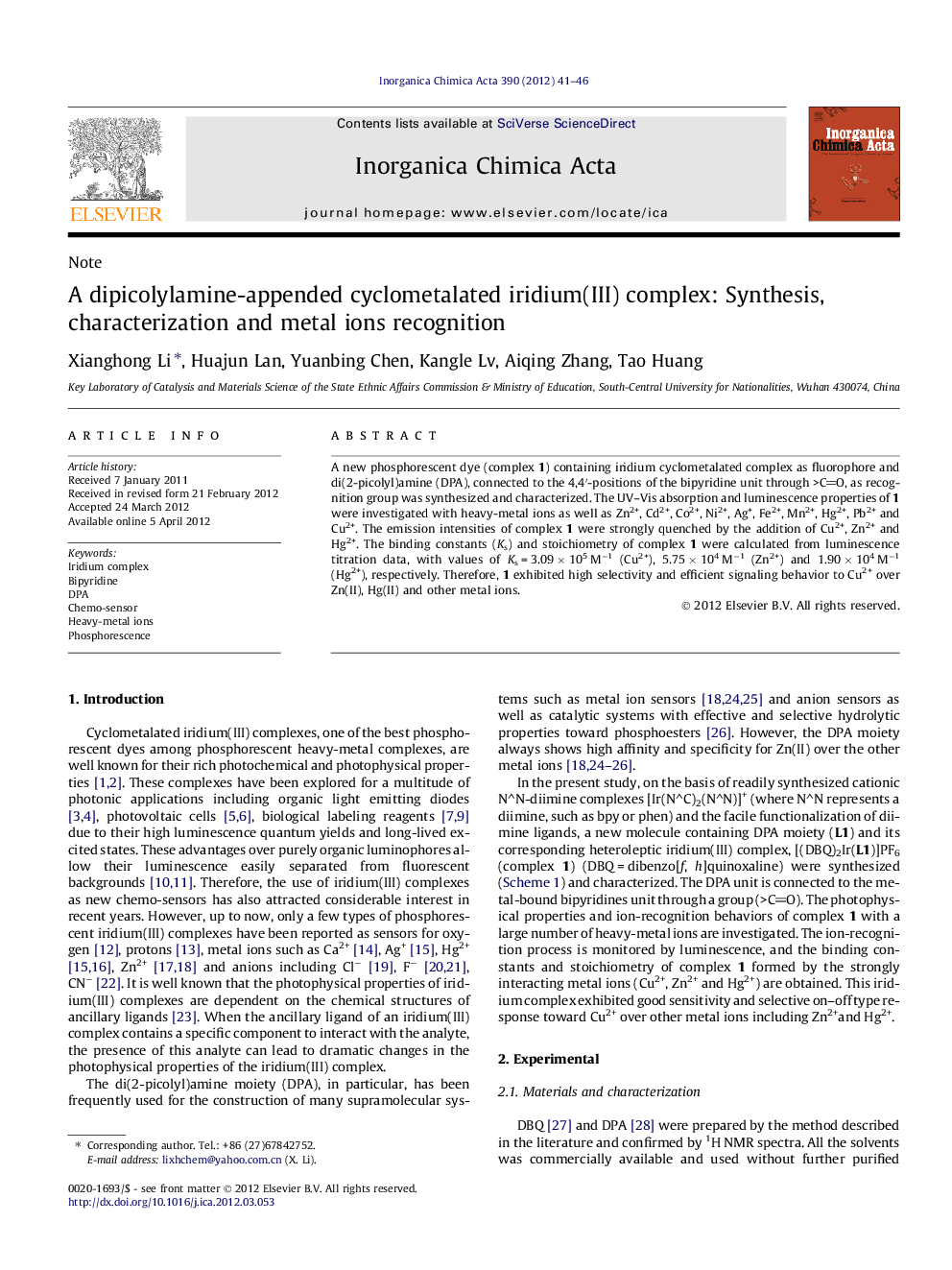 A dipicolylamine-appended cyclometalated iridium(III) complex: Synthesis, characterization and metal ions recognition