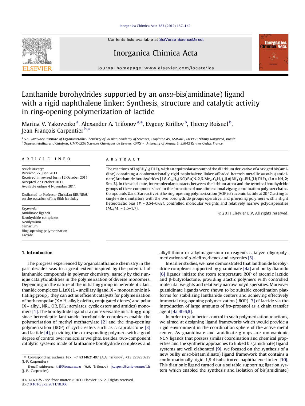 Lanthanide borohydrides supported by an ansa-bis(amidinate) ligand with a rigid naphthalene linker: Synthesis, structure and catalytic activity in ring-opening polymerization of lactide