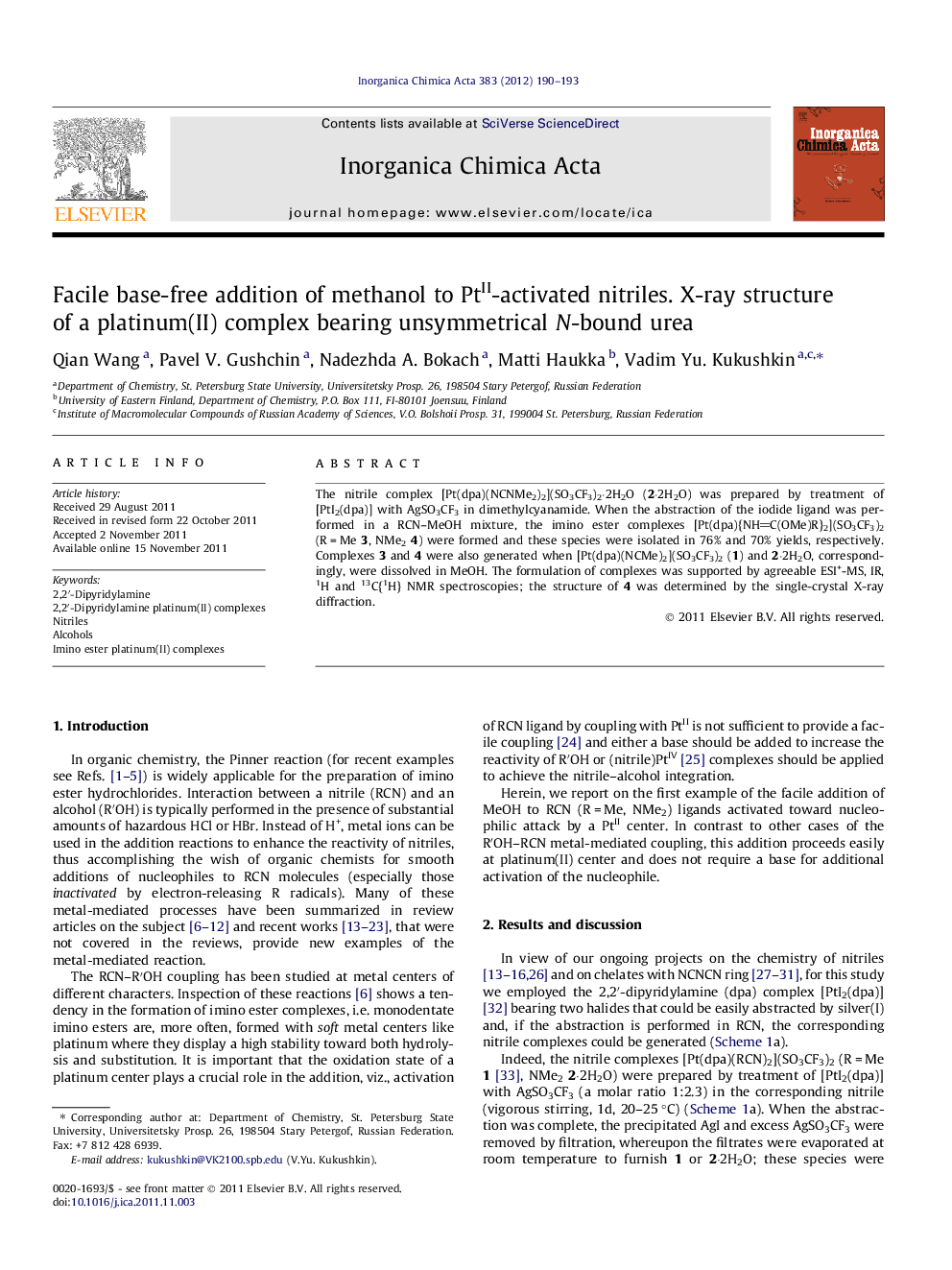 Facile base-free addition of methanol to PtII-activated nitriles. X-ray structure of a platinum(II) complex bearing unsymmetrical N-bound urea