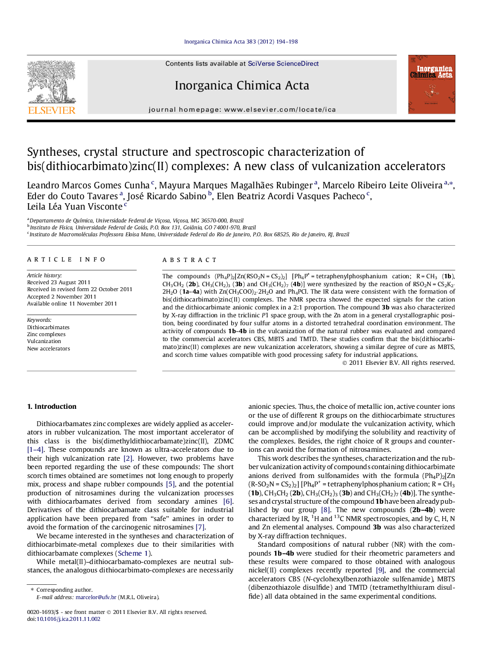 Syntheses, crystal structure and spectroscopic characterization of bis(dithiocarbimato)zinc(II) complexes: A new class of vulcanization accelerators