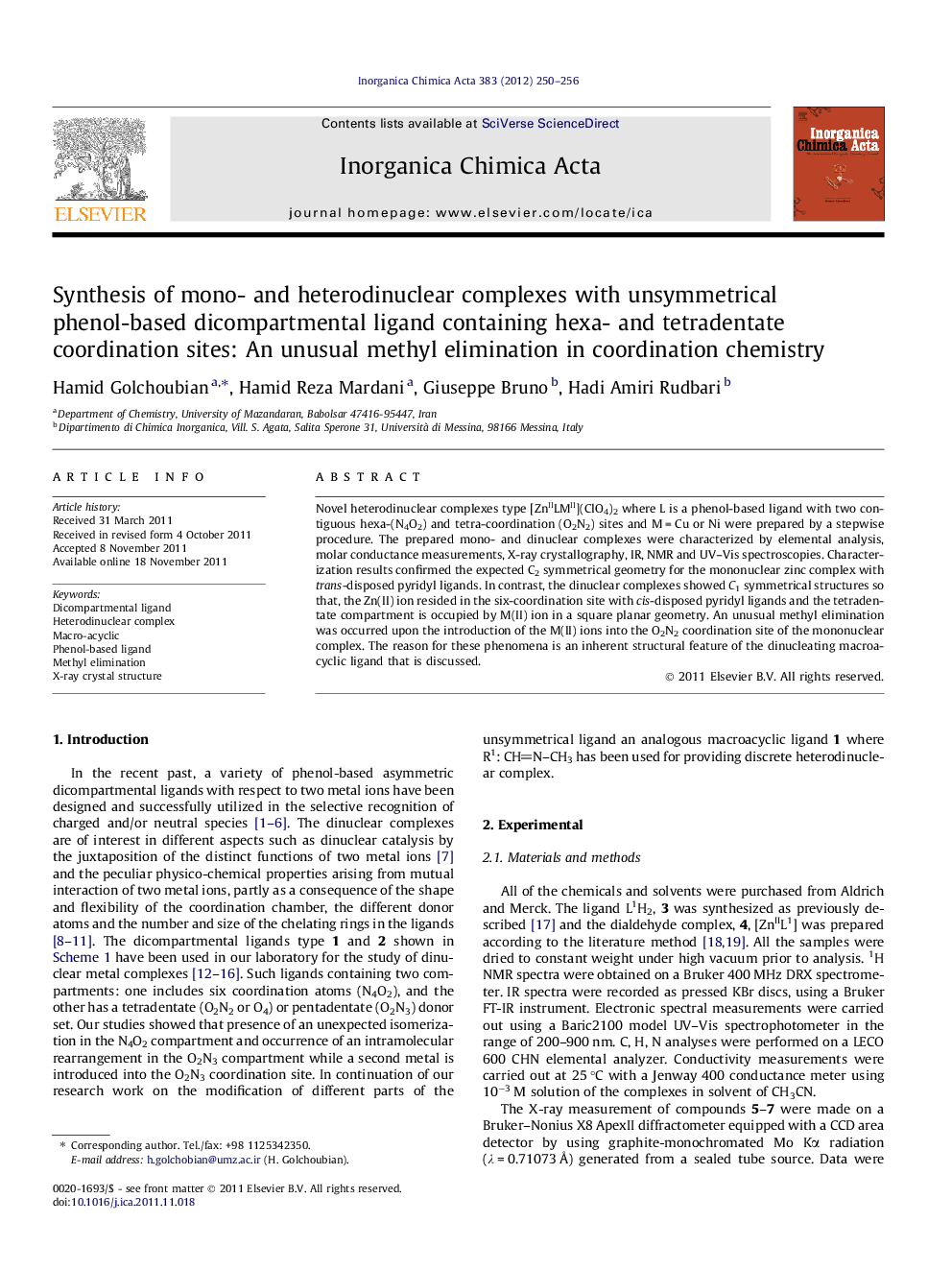 عکس صفحه اول مقاله: Synthesis of mono- and heterodinuclear complexes with unsymmetrical phenol-based dicompartmental ligand containing hexa- and tetradentate coordination sites: An unusual methyl elimination in coordination chemistry Synthesis of mono- and heterodinuclear complexes with unsymmetrical phenol-based dicompartmental ligand containing hexa- and tetradentate coordination sites: An unusual methyl elimination in coordination chemistry
