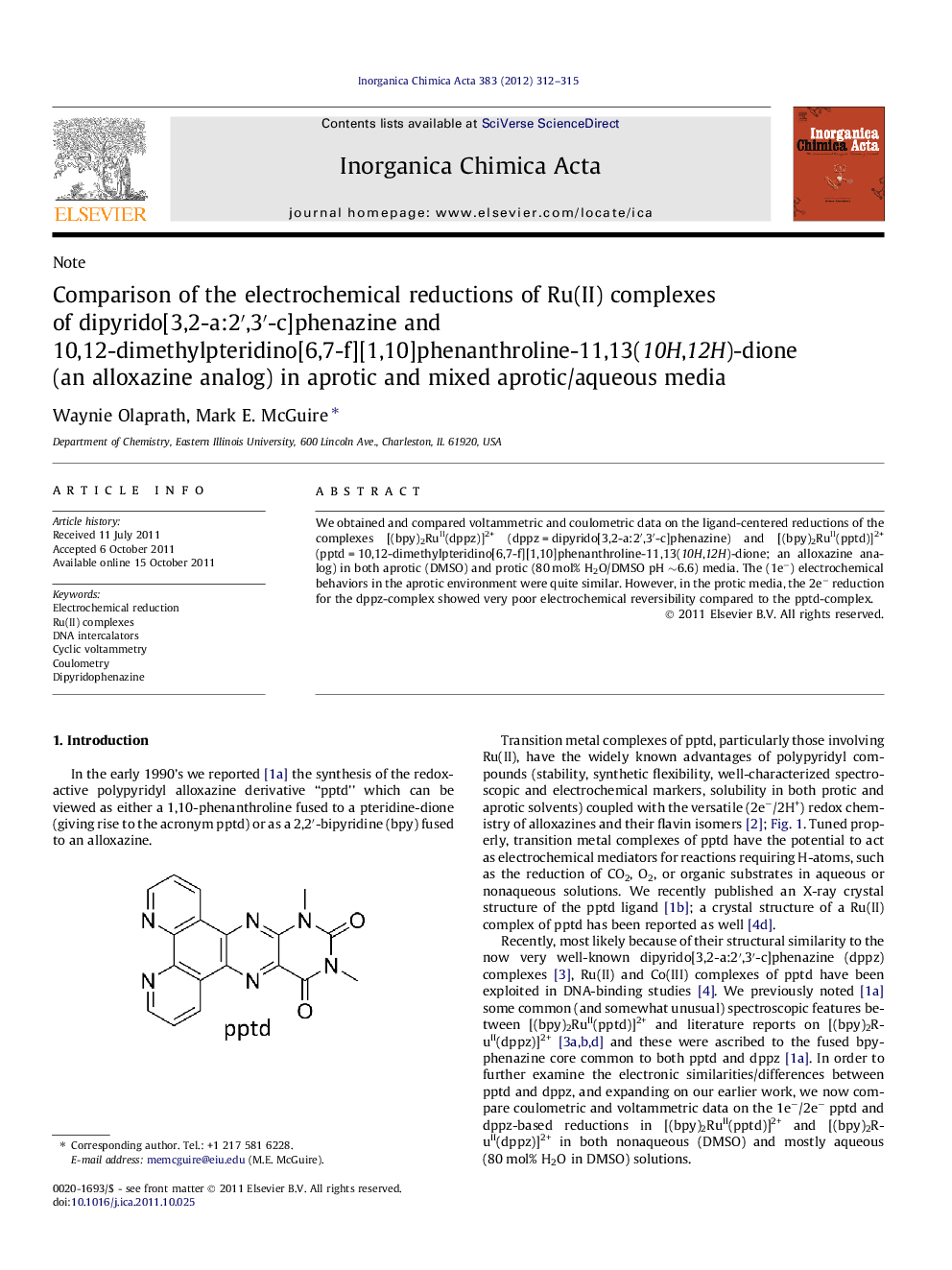 Comparison of the electrochemical reductions of Ru(II) complexes of dipyrido[3,2-a:2′,3′-c]phenazine and 10,12-dimethylpteridino[6,7-f][1,10]phenanthroline-11,13(10H,12H)-dione (an alloxazine analog) in aprotic and mixed aprotic/aqueous media