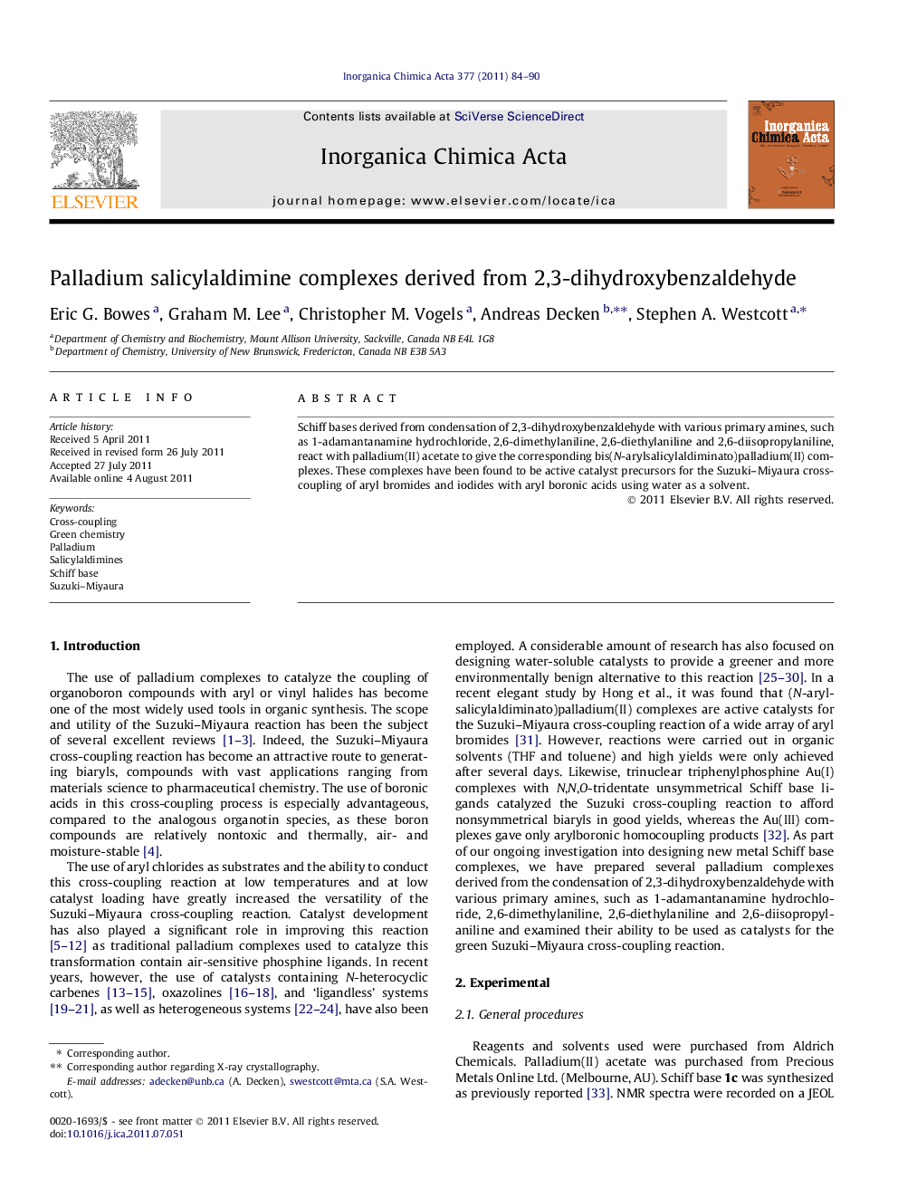 Palladium salicylaldimine complexes derived from 2,3-dihydroxybenzaldehyde