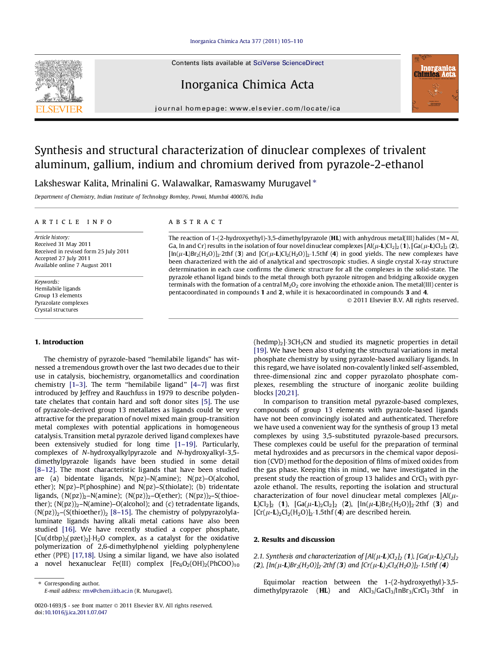 عکس صفحه اول مقاله: Synthesis and structural characterization of dinuclear complexes of trivalent aluminum, gallium, indium and chromium derived from pyrazole-2-ethanol Synthesis and structural characterization of dinuclear complexes of trivalent aluminum, gallium, indium and chromium derived from pyrazole-2-ethanol