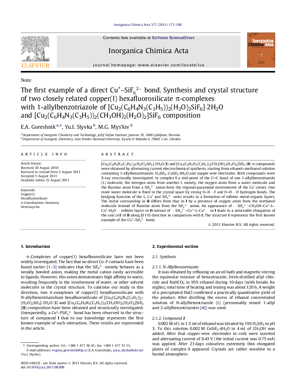 The first example of a direct Cu+–SiF62- bond. Synthesis and crystal structure of two closely related copper(I) hexafluorosilicate π-complexes with 1-allylbenzotriazole of [Cu2(C6H4N3(C3H5))2(H2O)2SiF6]·2H2O and [Cu2(C6H4N3(C3H5))2(CH3OH)2(H2O)2]SiF6 comp