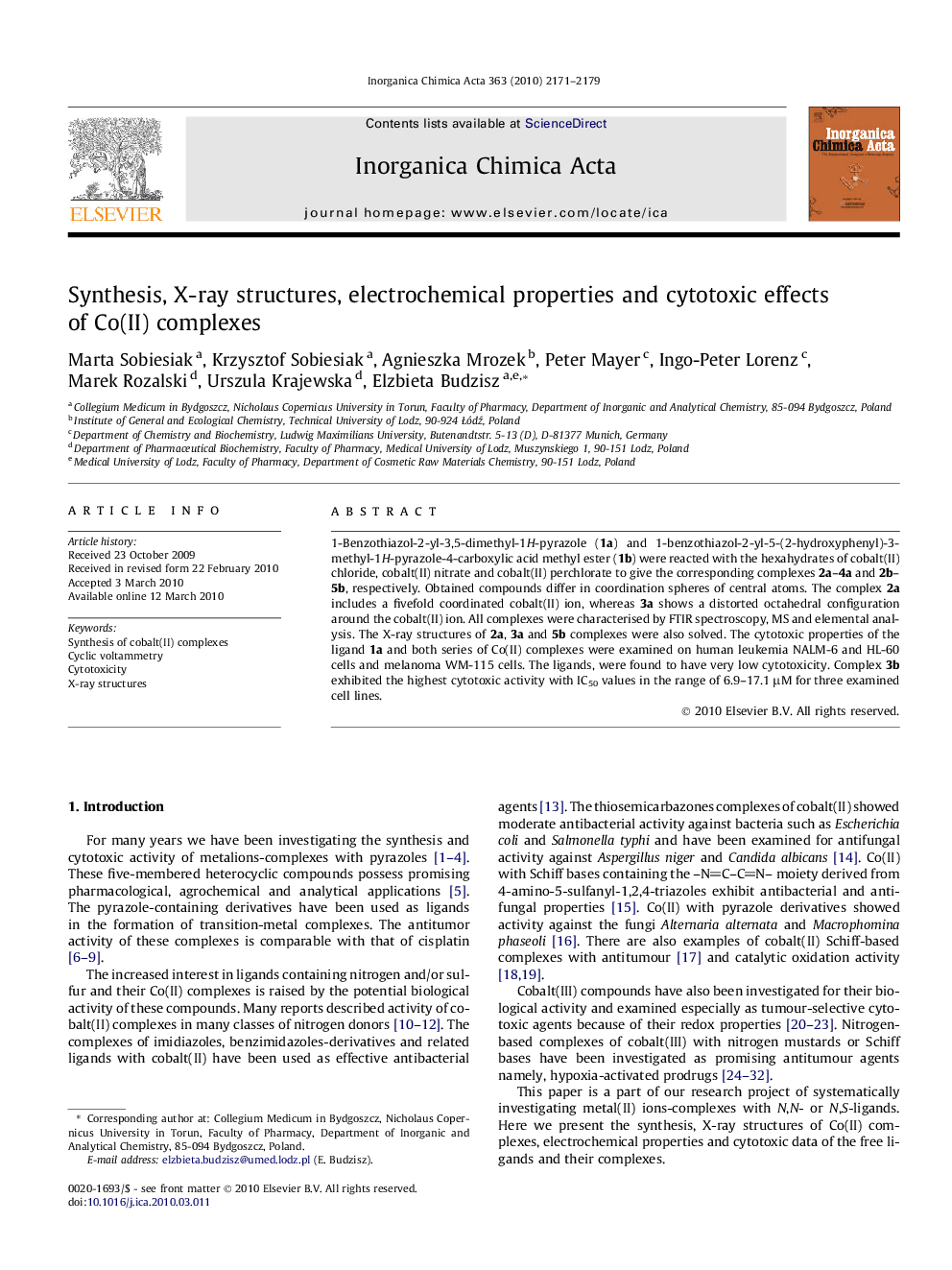 Synthesis, X-ray structures, electrochemical properties and cytotoxic effects of Co(II) complexes