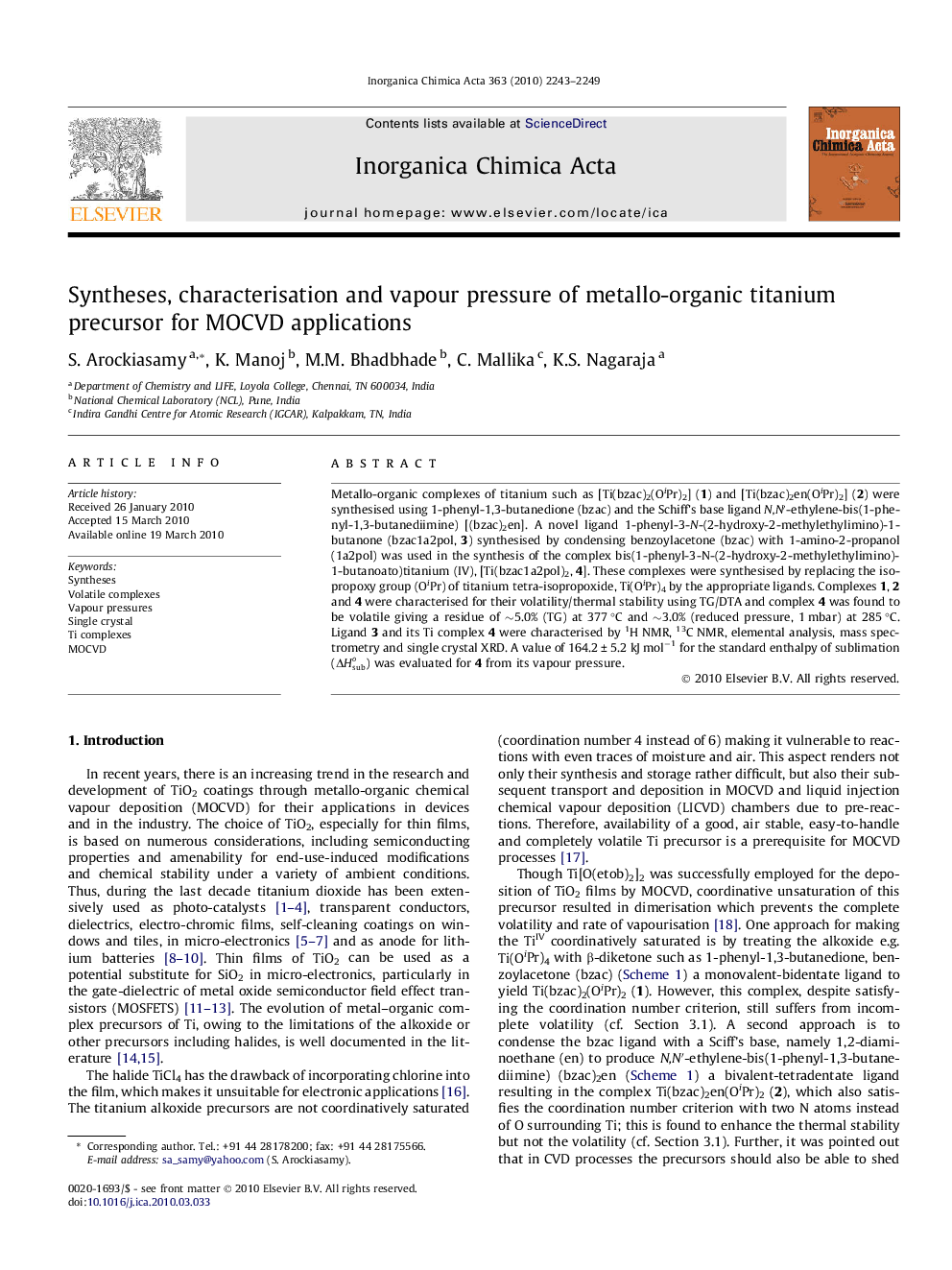 Syntheses, characterisation and vapour pressure of metallo-organic titanium precursor for MOCVD applications