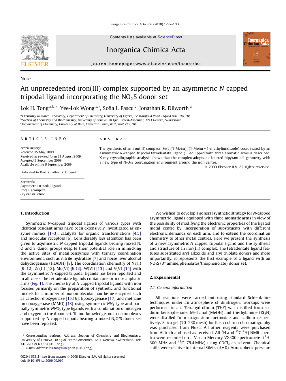 An unprecedented iron(III) complex supported by an asymmetric N-capped tripodal ligand incorporating the NO2S donor set