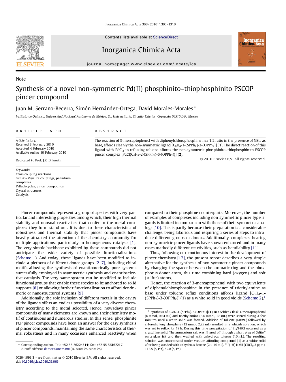 Synthesis of a novel non-symmetric Pd(II) phosphinito-thiophosphinito PSCOP pincer compound