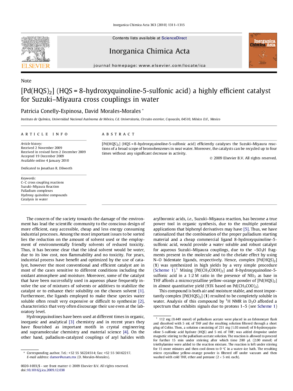 [Pd(HQS)2] (HQS = 8-hydroxyquinoline-5-sulfonic acid) a highly efficient catalyst for Suzuki–Miyaura cross couplings in water