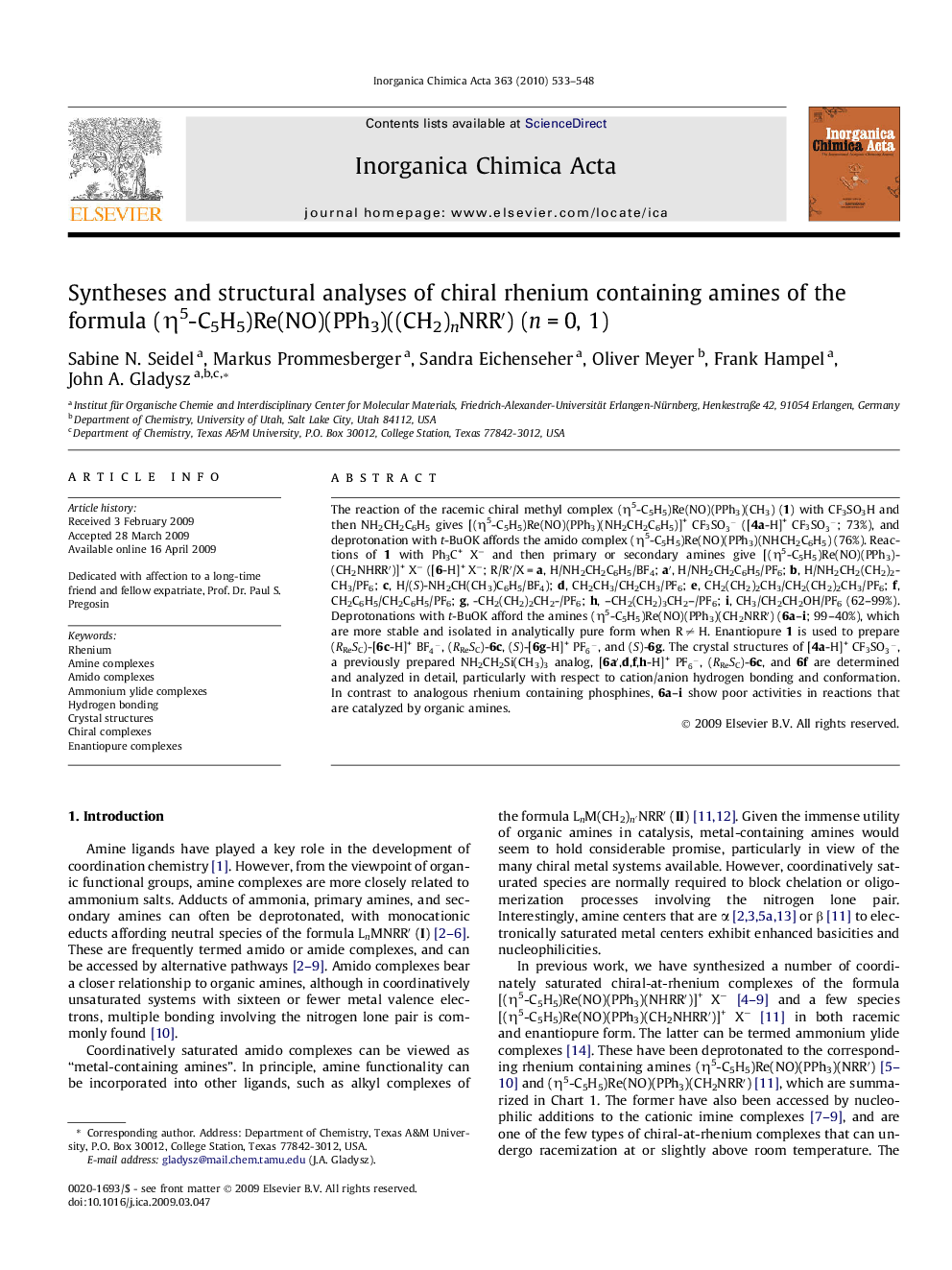 Syntheses and structural analyses of chiral rhenium containing amines of the formula (η5-C5H5)Re(NO)(PPh3)((CH2)nNRR′) (n = 0, 1)