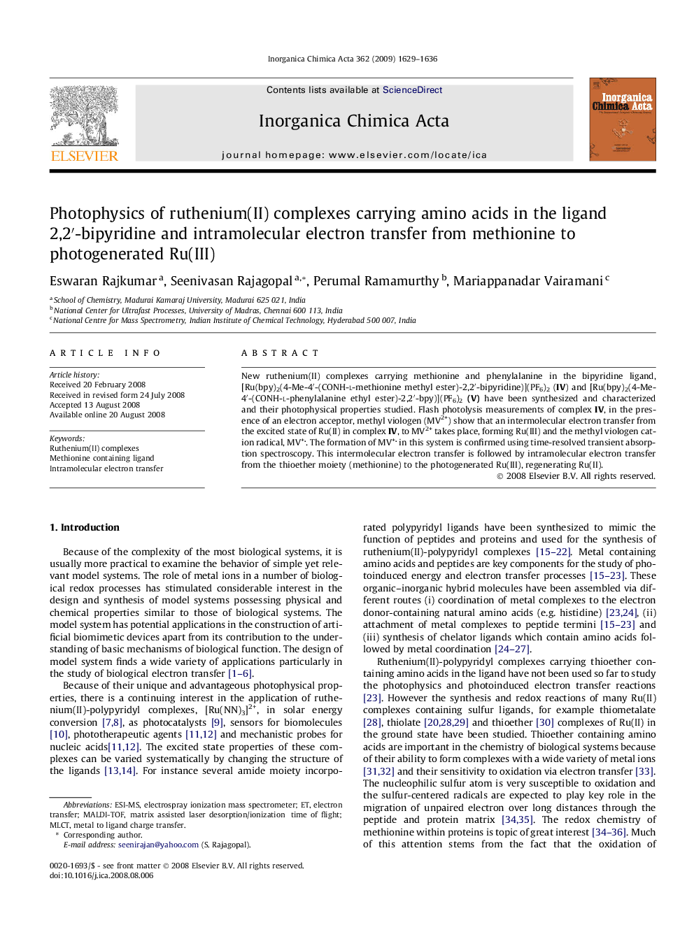 Photophysics of ruthenium(II) complexes carrying amino acids in the ligand 2,2′-bipyridine and intramolecular electron transfer from methionine to photogenerated Ru(III)