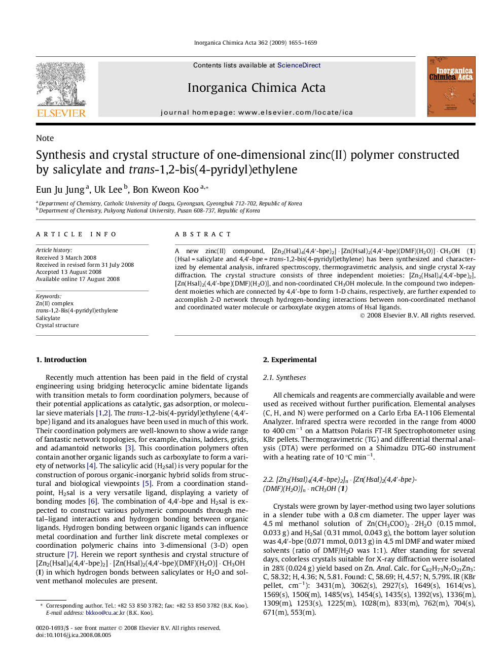 Synthesis and crystal structure of one-dimensional zinc(II) polymer constructed by salicylate and trans-1,2-bis(4-pyridyl)ethylene