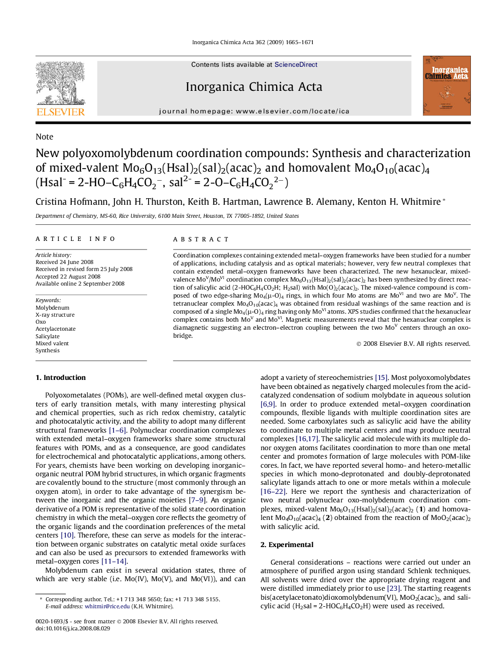 New polyoxomolybdenum coordination compounds: Synthesis and characterization of mixed-valent Mo6O13(Hsal)2(sal)2(acac)2 and homovalent Mo4O10(acac)4 (Hsal-Â =Â 2-HO-C6H4CO2-, sal2-Â =Â 2-O-C6H4CO22-)