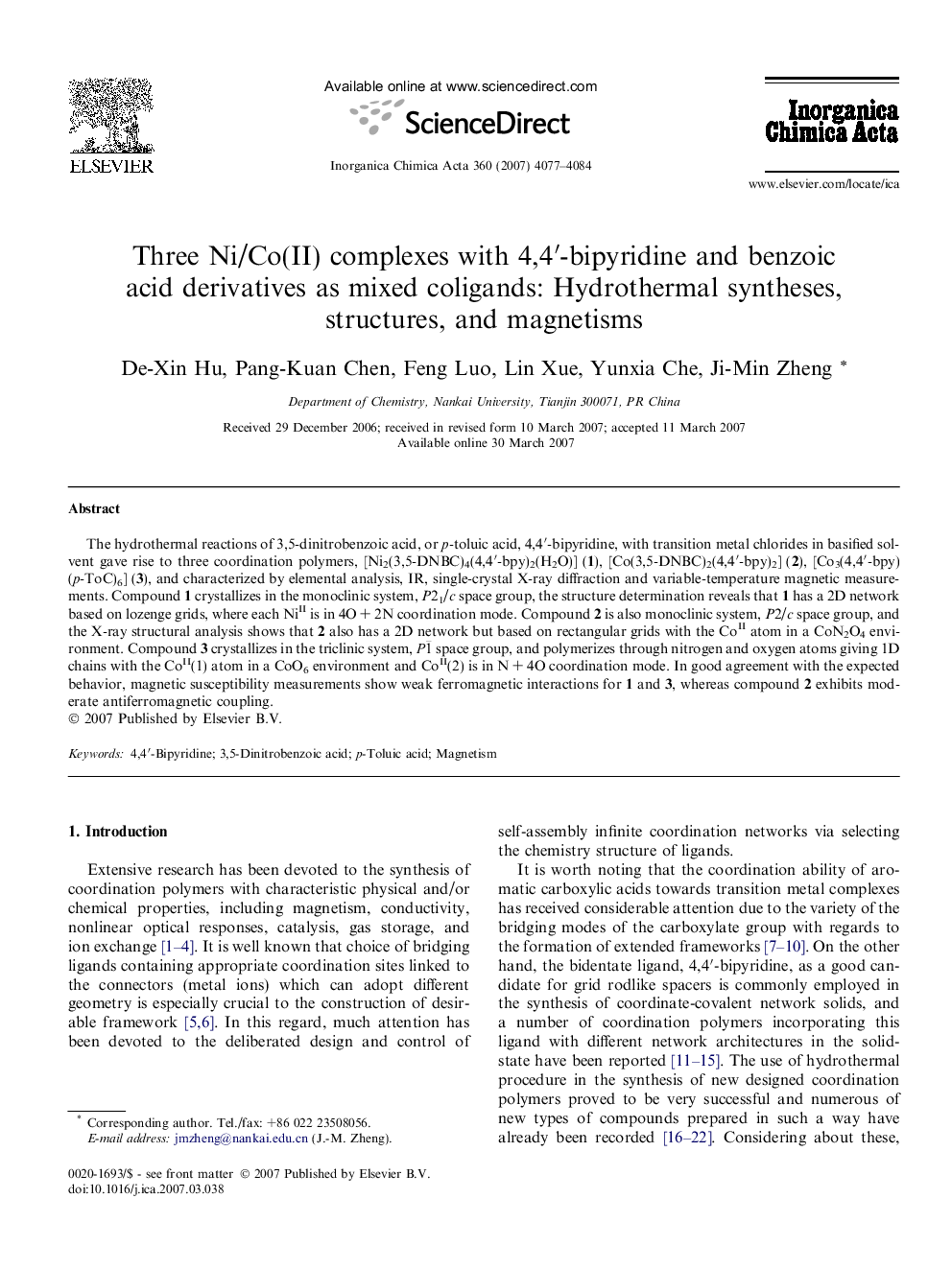 Three Ni/Co(II) complexes with 4,4′-bipyridine and benzoic acid derivatives as mixed coligands: Hydrothermal syntheses, structures, and magnetisms