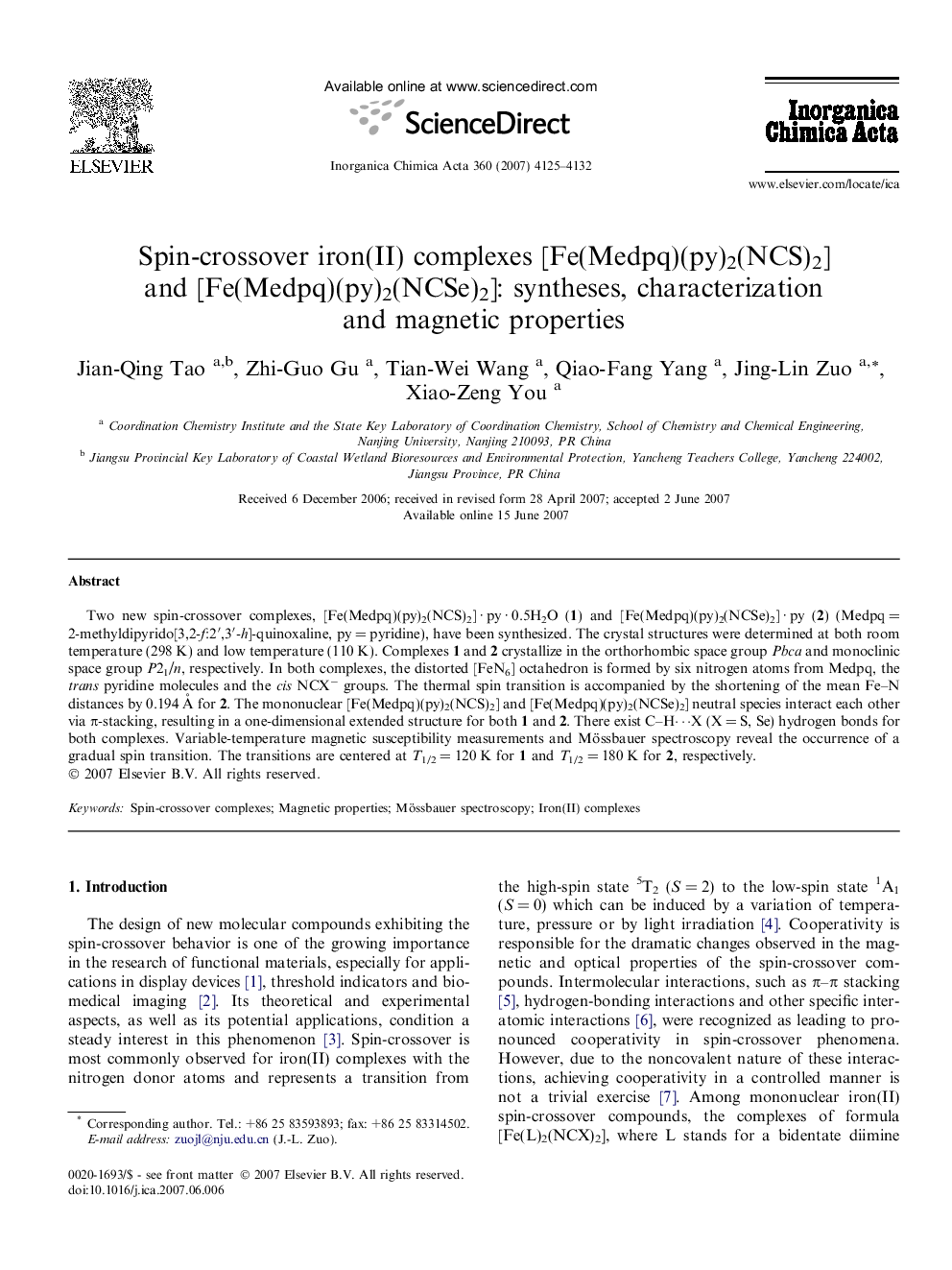 Spin-crossover iron(II) complexes [Fe(Medpq)(py)2(NCS)2] and [Fe(Medpq)(py)2(NCSe)2]: syntheses, characterization and magnetic properties