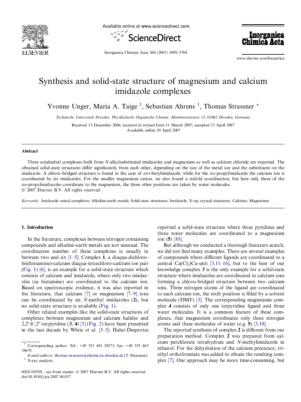 Synthesis and solid-state structure of magnesium and calcium imidazole complexes