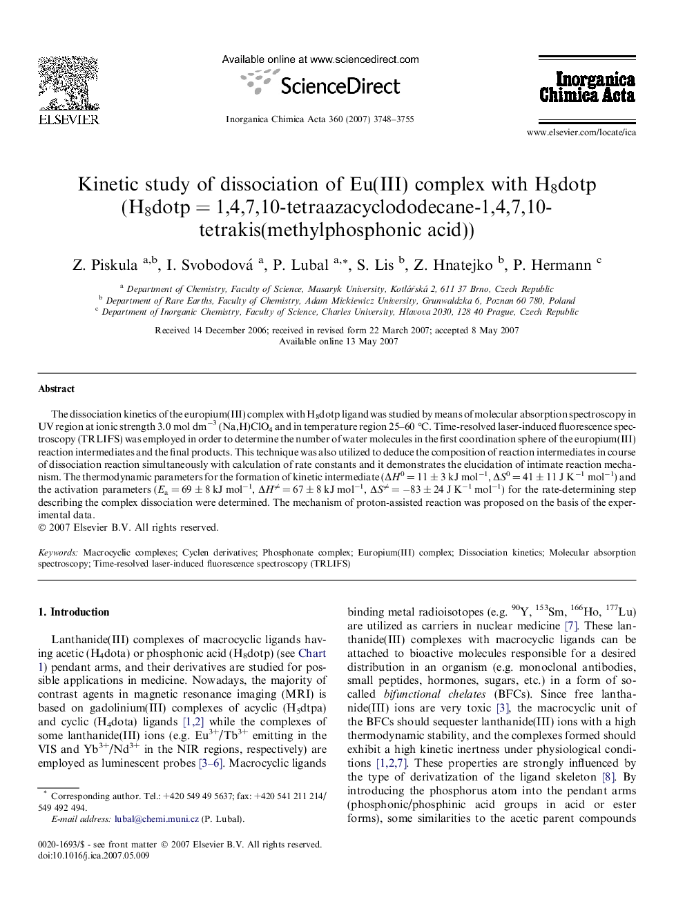 Kinetic study of dissociation of Eu(III) complex with H8dotp (H8dotp = 1,4,7,10-tetraazacyclododecane-1,4,7,10-tetrakis(methylphosphonic acid))