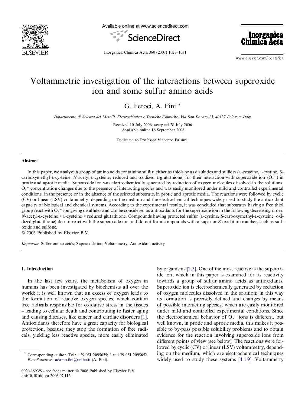 Voltammetric investigation of the interactions between superoxide ion and some sulfur amino acids