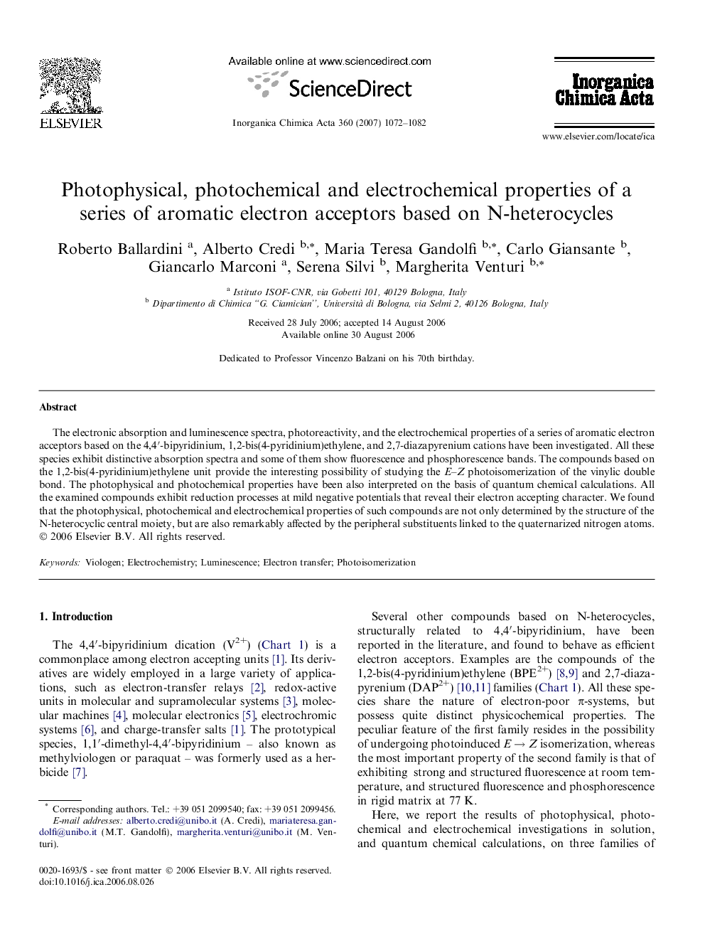 عکس صفحه اول مقاله: Photophysical, photochemical and electrochemical properties of a series of aromatic electron acceptors based on N-heterocycles Photophysical, photochemical and electrochemical properties of a series of aromatic electron acceptors based on N-heterocycles