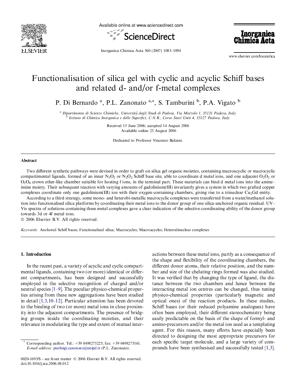 Functionalisation of silica gel with cyclic and acyclic Schiff bases and related d- and/or f-metal complexes