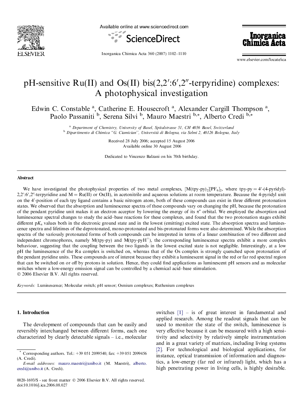 pH-sensitive Ru(II) and Os(II) bis(2,2′:6′,2″-terpyridine) complexes: A photophysical investigation