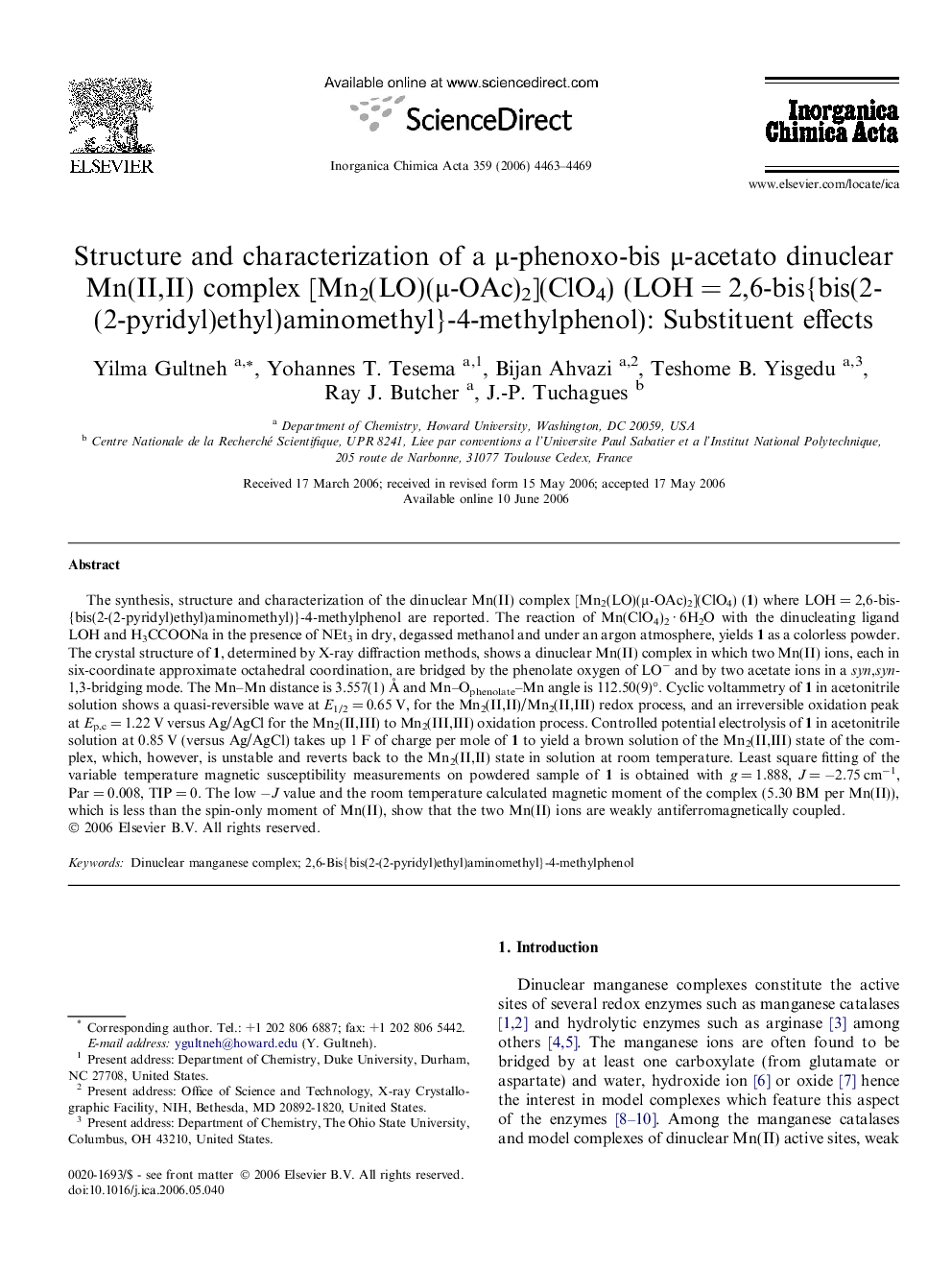 Structure and characterization of a μ-phenoxo-bis μ-acetato dinuclear Mn(II,II) complex [Mn2(LO)(μ-OAc)2](ClO4) (LOH = 2,6-bis{bis(2-(2-pyridyl)ethyl)aminomethyl}-4-methylphenol): Substituent effects
