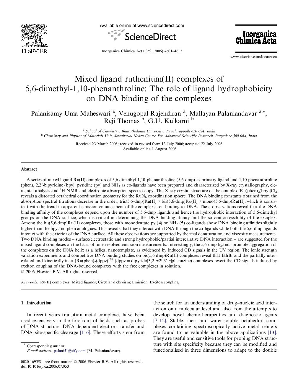 Mixed ligand ruthenium(II) complexes of 5,6-dimethyl-1,10-phenanthroline: The role of ligand hydrophobicity on DNA binding of the complexes