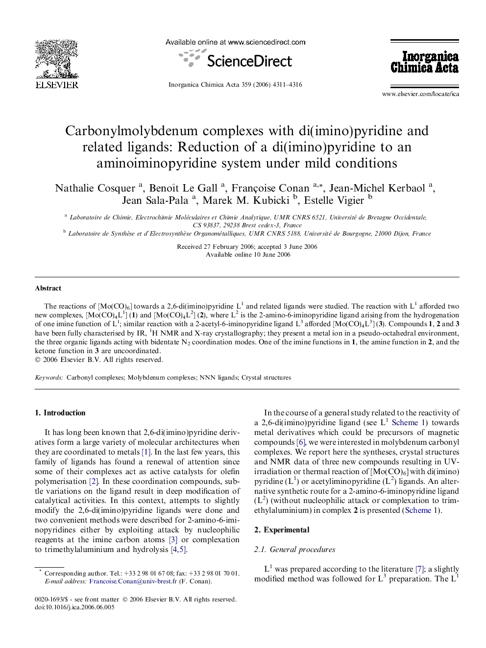 Carbonylmolybdenum complexes with di(imino)pyridine and related ligands: Reduction of a di(imino)pyridine to an aminoiminopyridine system under mild conditions