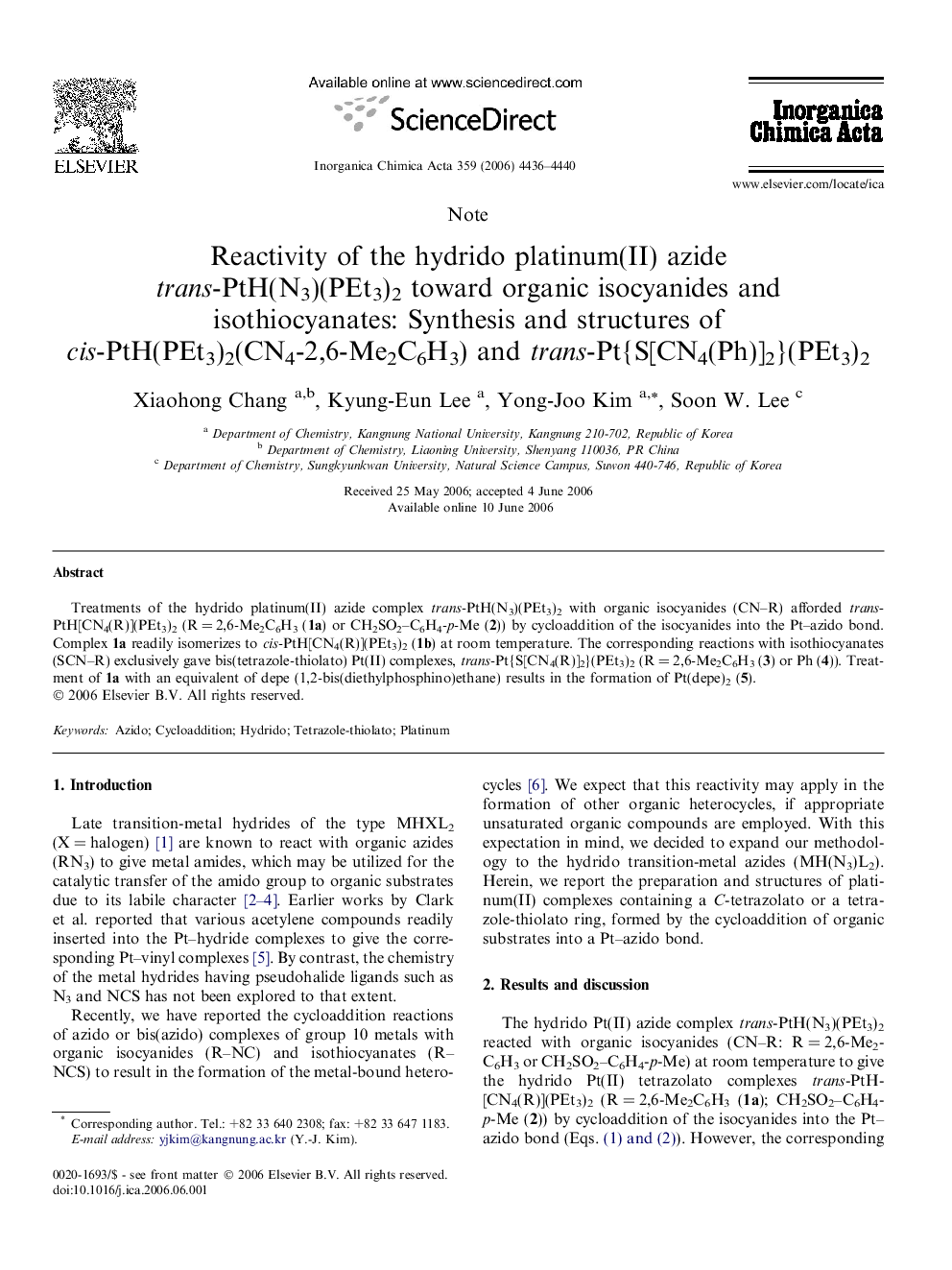 Reactivity of the hydrido platinum(II) azide trans-PtH(N3)(PEt3)2 toward organic isocyanides and isothiocyanates: Synthesis and structures of cis-PtH(PEt3)2(CN4-2,6-Me2C6H3) and trans-Pt{S[CN4(Ph)]2}(PEt3)2