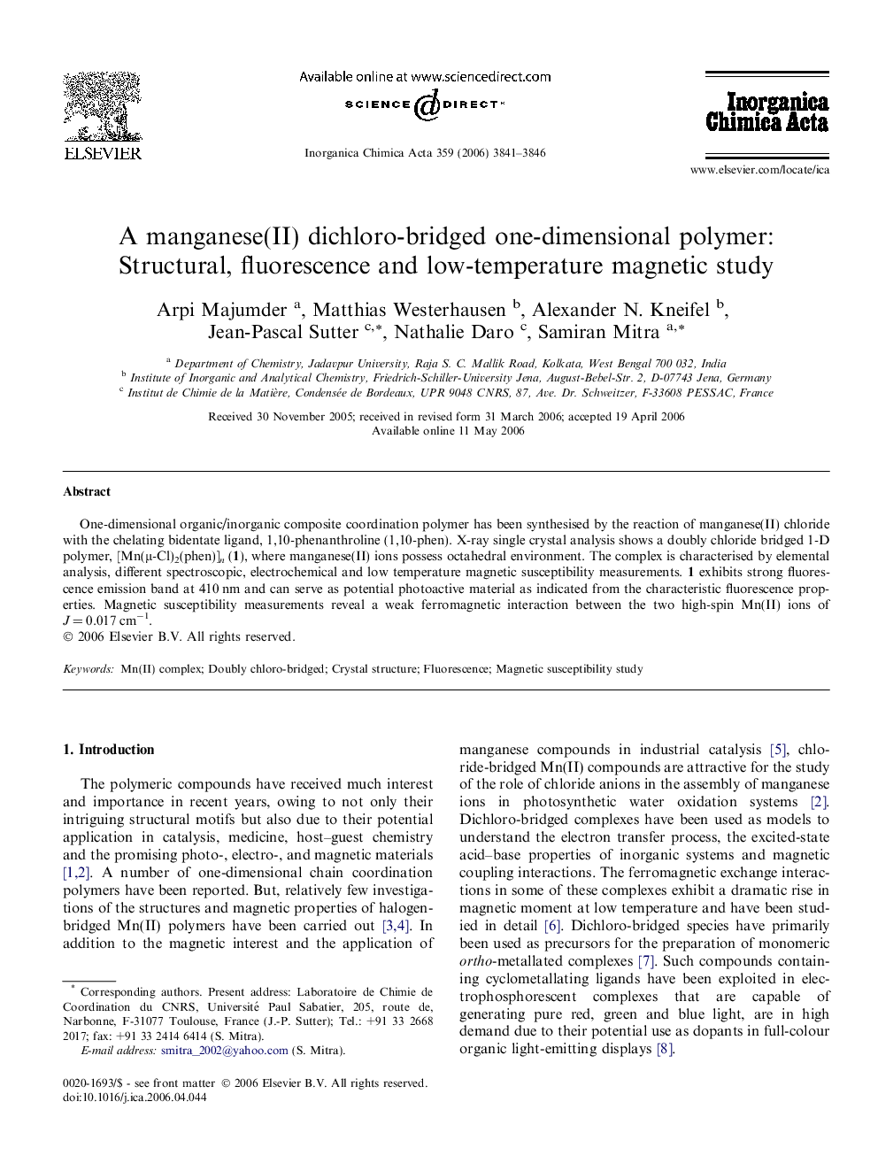 A manganese(II) dichloro-bridged one-dimensional polymer: Structural, fluorescence and low-temperature magnetic study