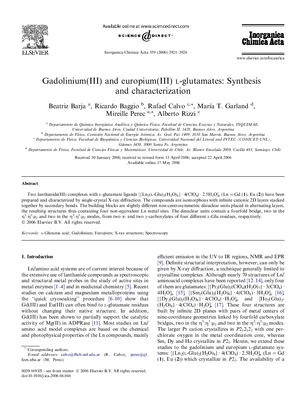 Gadolinium(III) and europium(III) l-glutamates: Synthesis and characterization