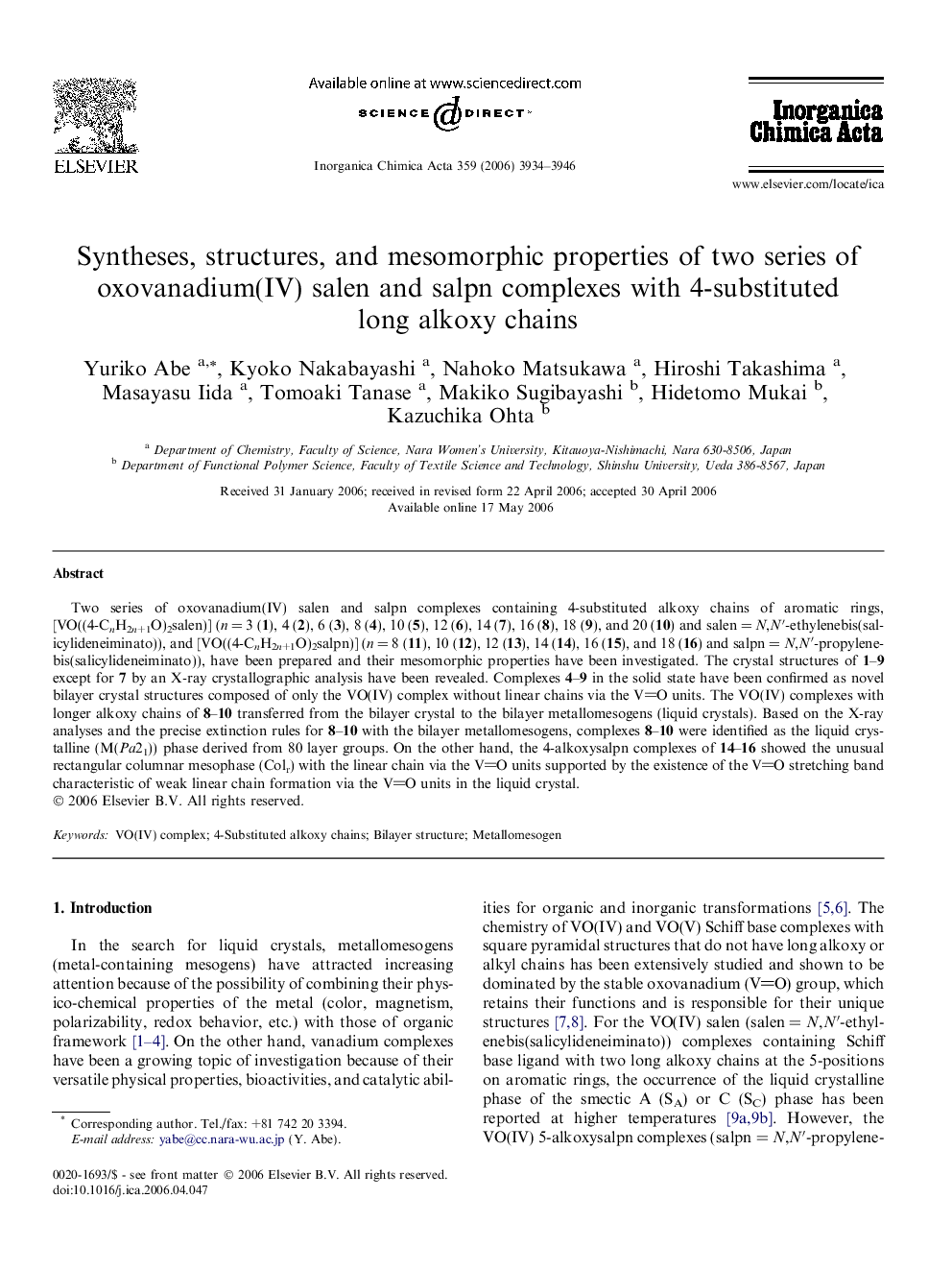 Syntheses, structures, and mesomorphic properties of two series of oxovanadium(IV) salen and salpn complexes with 4-substituted long alkoxy chains