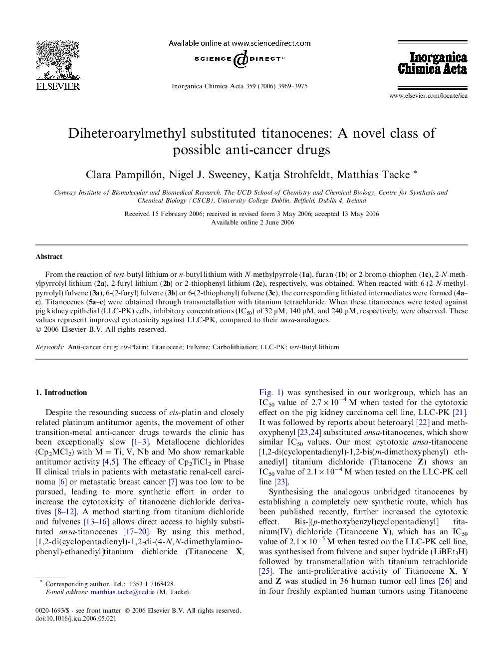 Diheteroarylmethyl substituted titanocenes: A novel class of possible anti-cancer drugs