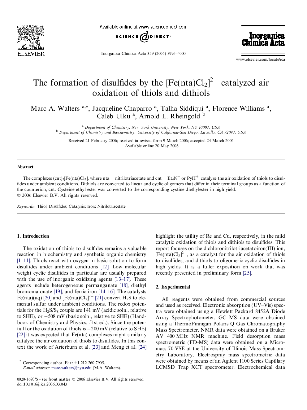 The formation of disulfides by the [Fe(nta)Cl2]2− catalyzed air oxidation of thiols and dithiols