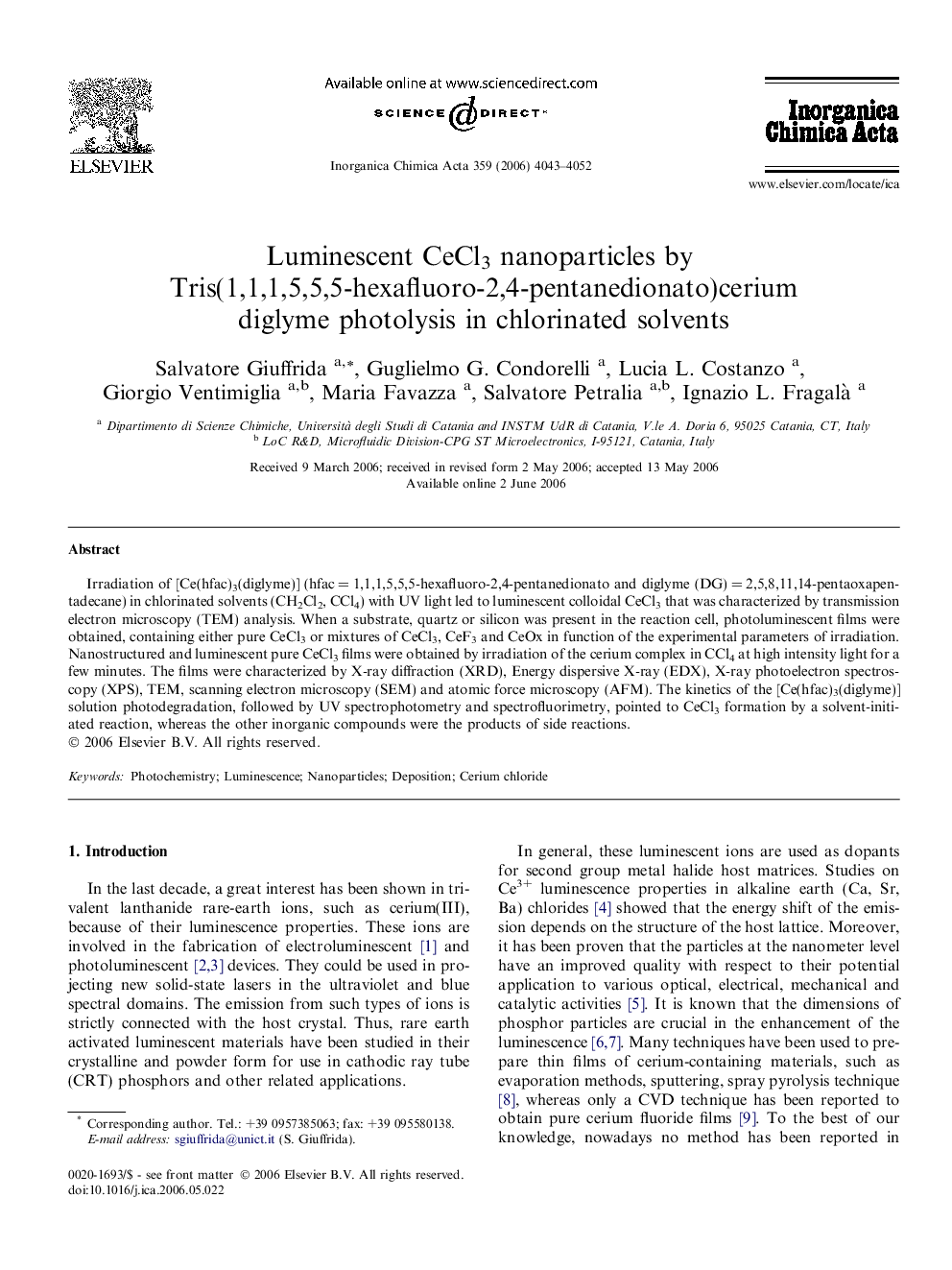 Luminescent CeCl3 nanoparticles by Tris(1,1,1,5,5,5-hexafluoro-2,4-pentanedionato)cerium diglyme photolysis in chlorinated solvents