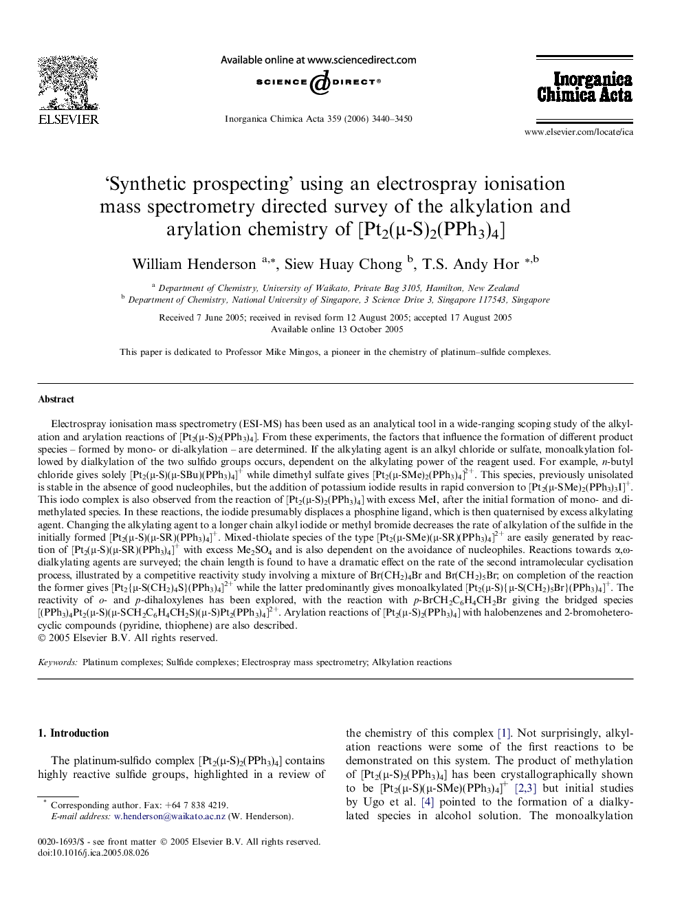 ‘Synthetic prospecting’ using an electrospray ionisation mass spectrometry directed survey of the alkylation and arylation chemistry of [Pt2(μ-S)2(PPh3)4]