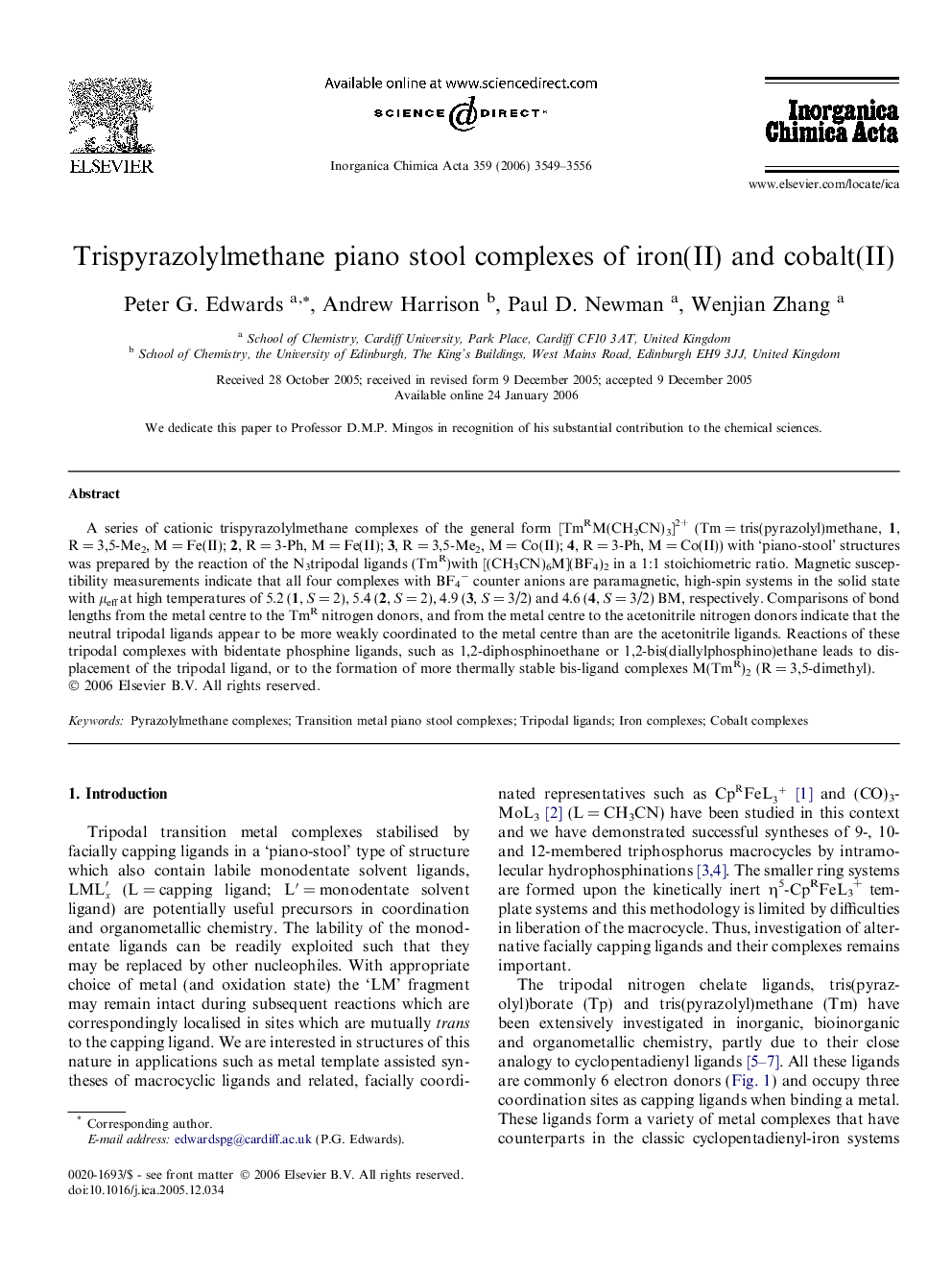 Trispyrazolylmethane piano stool complexes of iron(II) and cobalt(II)