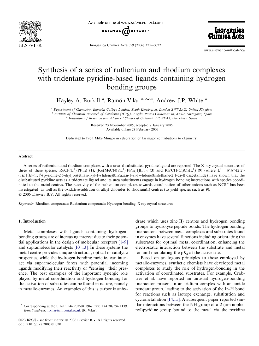 Synthesis of a series of ruthenium and rhodium complexes with tridentate pyridine-based ligands containing hydrogen bonding groups