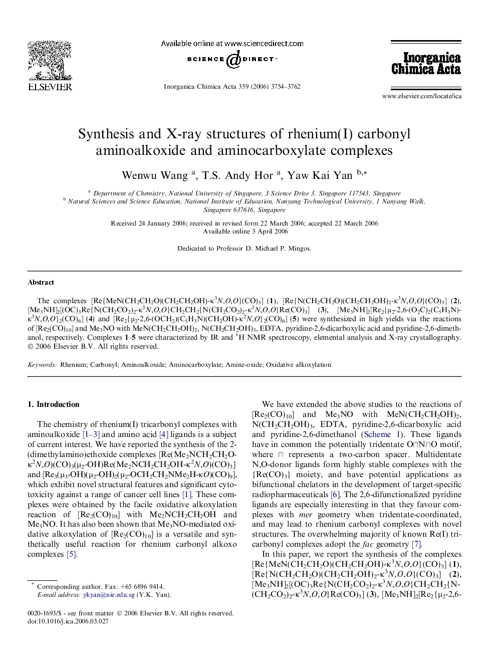 Synthesis and X-ray structures of rhenium(I) carbonyl aminoalkoxide and aminocarboxylate complexes