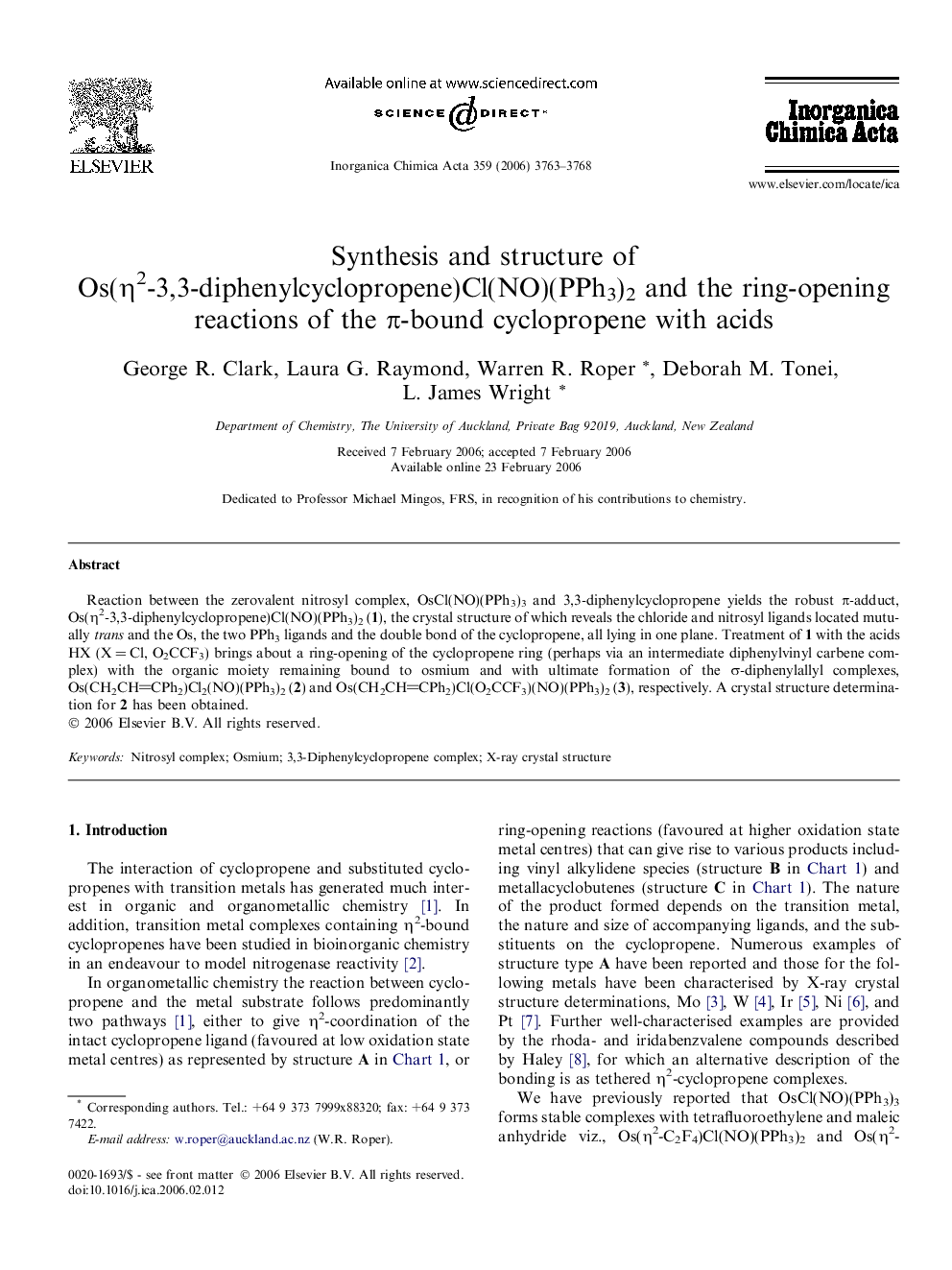 Synthesis and structure of Os(Î·2-3,3-diphenylcyclopropene)Cl(NO)(PPh3)2 and the ring-opening reactions of the Ï-bound cyclopropene with acids