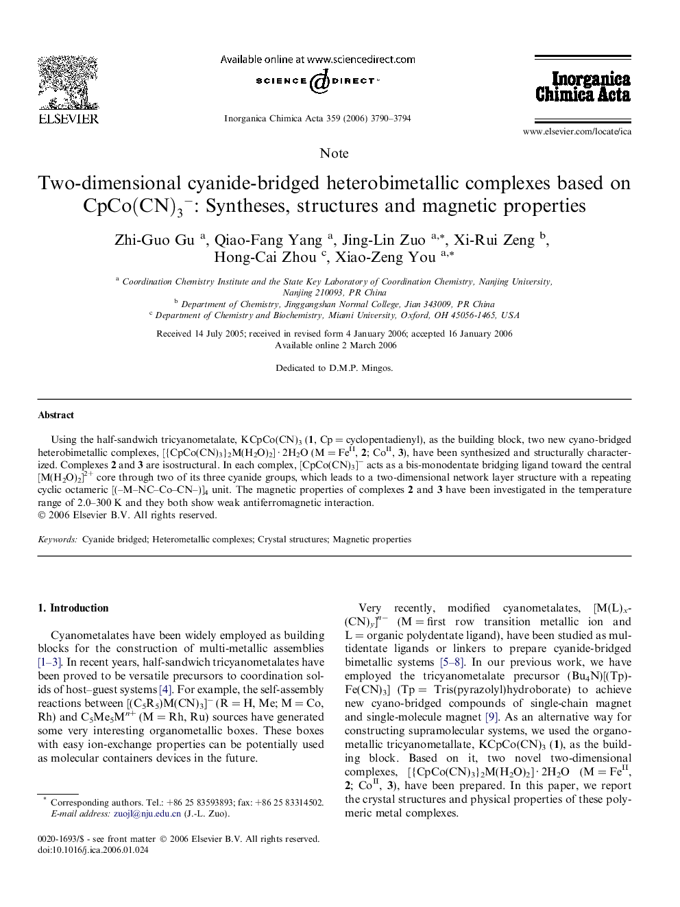 Two-dimensional cyanide-bridged heterobimetallic complexes based on CpCo(CN)3-: Syntheses, structures and magnetic properties