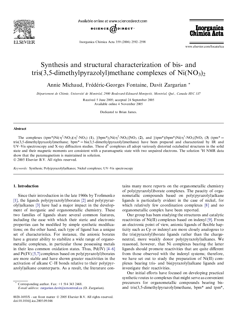 Synthesis and structural characterization of bis- and tris(3,5-dimethylpyrazolyl)methane complexes of Ni(NO3)2